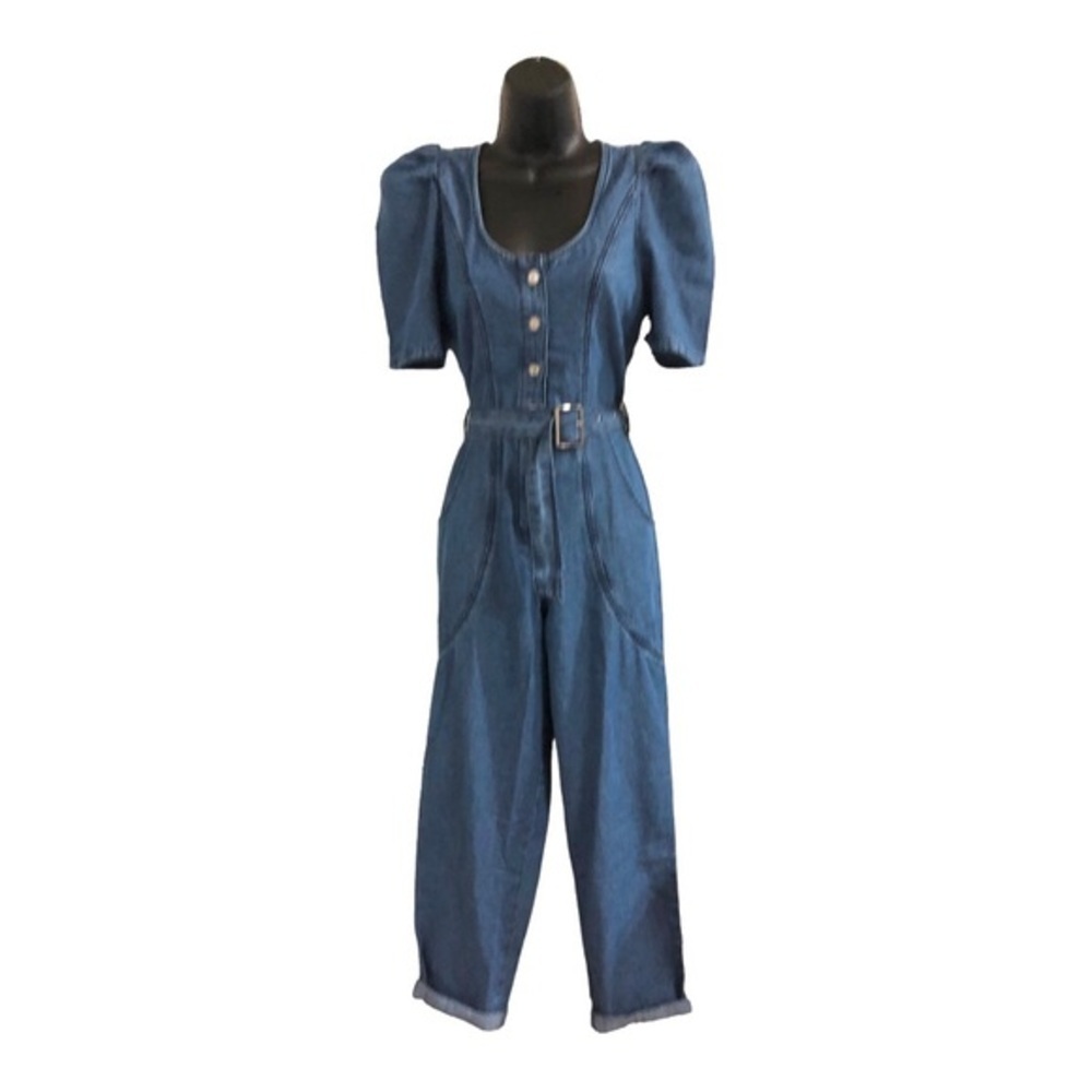 Jessica Simpson blue jeans denim puff sleeve adjustable hem jumpsuit size XS new - Picture 3 of 16